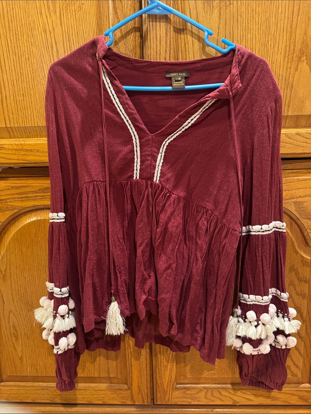 Vineet Bahl Wine Red Boho Tassel Peasant Top